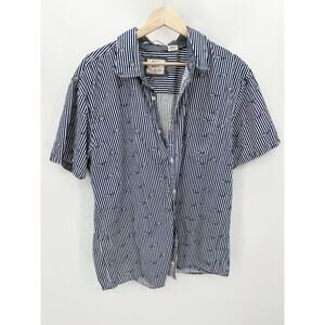 RJC Shirt Men XL Blue Striped Shark Print Short Sleeve Button Up Collared Cotton